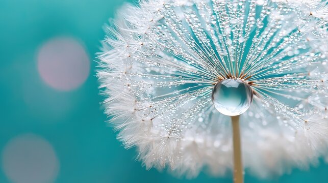 A close-up of a dandelion seed head adorned with droplets of water, set against a soft blue background, showcasing delicate details and textures. - Powered by Adobe