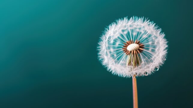 A close-up of a dandelion seed head against a soft gradient background, showcasing delicate seeds ready for dispersal. - Powered by Adobe