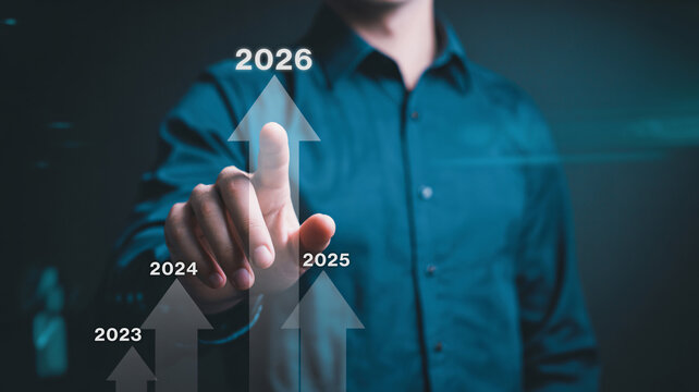2026 growth arrows showing multi year business progress, future growth timeline with rising arrows business concept, technology driven business growth visualization