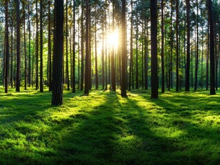 Fototapeta premium A serene forest scene with tall trees and sunlight filtering through the leaves, casting intricate shadows on the lush green ground.