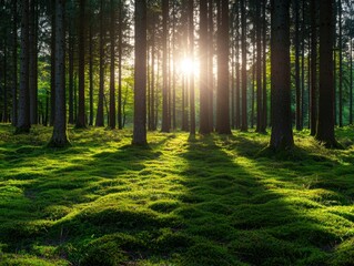 Fototapeta premium A serene forest scene with sunlight filtering through tall trees, illuminating lush green moss on the ground, creating a tranquil atmosphere.