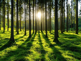 A serene forest scene with tall trees casting long shadows on lush green grass, illuminated by warm sunlight filtering through the branches.