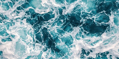 Naklejka premium A vibrant ocean surface, showcasing swirling patterns of deep blue and frothy white waves, capturing the dynamic beauty of water.