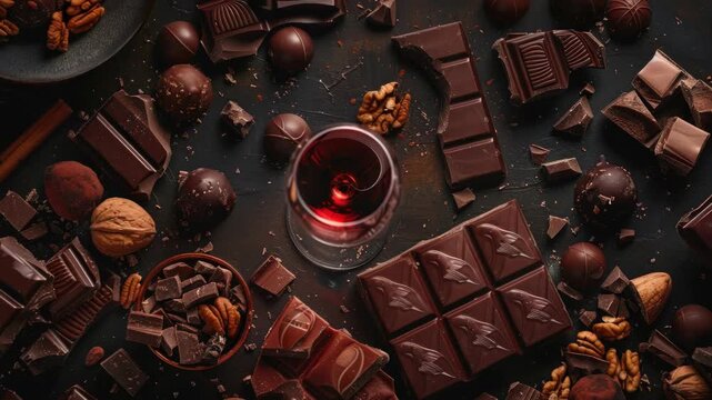 A table with a glass of wine and a box of chocolate
