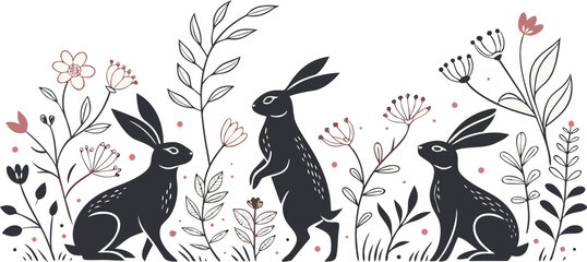 Black Rabbit Silhouettes with Floral & Botanical Elements Minimal Vector Animal Clipart Set”