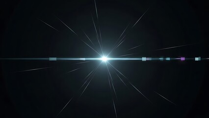 Bright lens flare effect with streaks and particles on black background