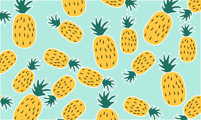 A tropical pattern with yellow pineapples on a light blue background. The image captures a modern and playful design