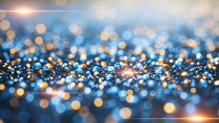 Abstract background of sparkling blue and gold bokeh lights with lens flare