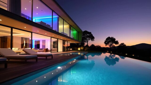 Luxury modern house with infinity pool and colorful interior lighting at twilight with sunset sky reflection