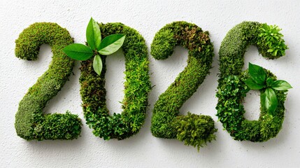 2026 made from green moss eco new year concept, natural 2026 eco friendly typography with plants, sustainable 2026 number formed from fresh greenery