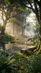 fantasy forest stream with deer drinking water in golden morning light