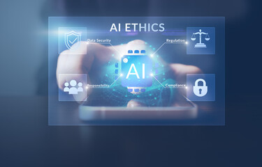 AI Ethics AI Governance Data Security Regulation concept.Close-up of man hands using mobilephone