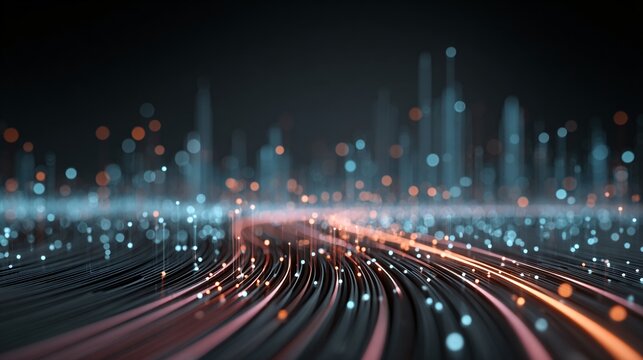abstract digital city light trails futuristic night background, glowing urban data stream speed motion concept, smart city technology light trail at night