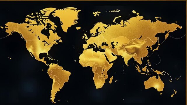 Video A golden world map on a dark background, perfect for representing global exploration and adventure