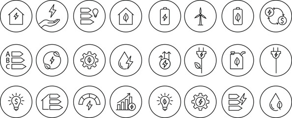 Energy saving eco power icon set collection in black line style, sustainability electricity efficiency symbols pack with renewable green energy illustrations, environmental resource graphic elements © Asia