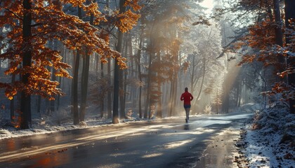 Motivational fitness jogger running on an empty dawn road with soft sunlight and misty background