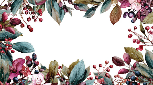 Watercolor floral frame with colorful leaves and berries for design - Powered by Adobe