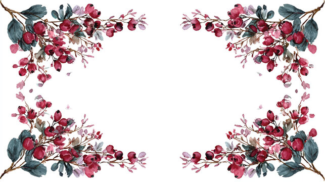Watercolor floral frame with red berries and green leaves design template