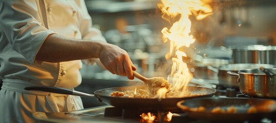 Dynamic culinary art  chef creating flames in a lively restaurant kitchen setting