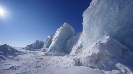 Jagged ice formations under a bright blue sky