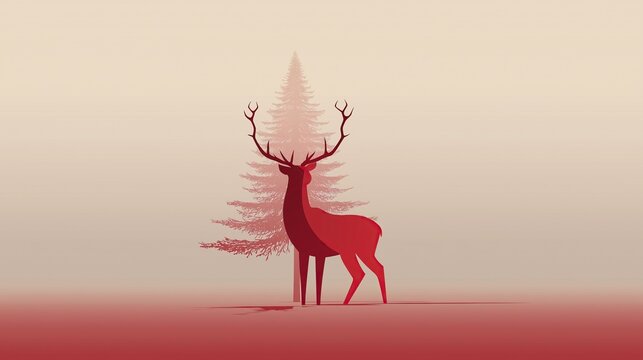 Vector illustration of elegant deer standing beside tall pine tree in red and white shades against soft gradient background with burgundy and pink hues. - Powered by Adobe