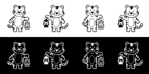 Obraz premium Cartoon tiger character holding a lantern, image set, seamless border, isolated vector image, two versions on transparent and black backgrounds, pencil drawing, chalk drawing 