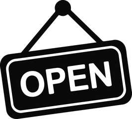 Black open sign icon with white text black and white