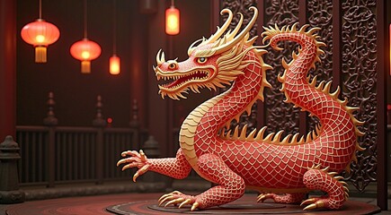 Obraz premium Majestic gold and red dragon statue with lanterns in traditional setting