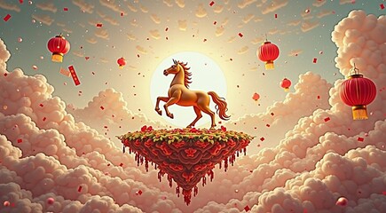 Majestic horse on floating island with lanterns and clouds in a dreamlike sky