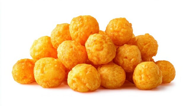 Pile of crunchy corn puffs on white background. AI image