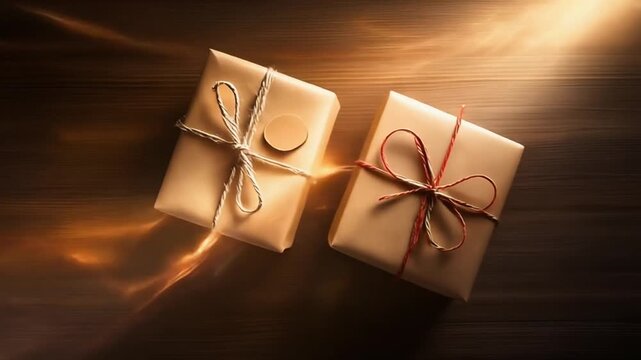 Two Brown Paper Packages Tied Up with String on Wood.