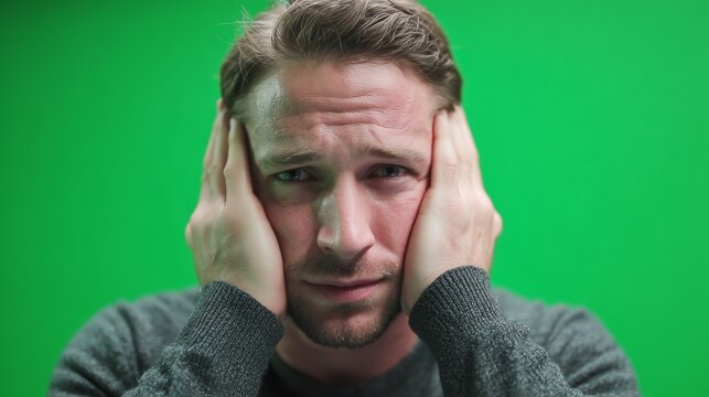 A man stands with his hands over his ears, demonstrating a clear reaction to a loud sound. He stands against a bright green screen, often used to create various digital effects.