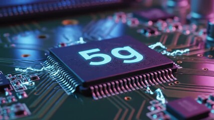 Dynamic macro scene shows 5g chip in center of electronic board while bright pulsing lines simulate visible electricity traveling through tiny wires and contacts, emphasizing high speed data transfer - Powered by Adobe