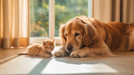 Peaceful domestic pet vignette with a sunlit retriever, upright kitten pose, and soft wooden flooring, crafted for emotional storytelling and seasonal campaigns.