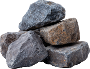 pile of dark grey big rocks isolated on white/transparent