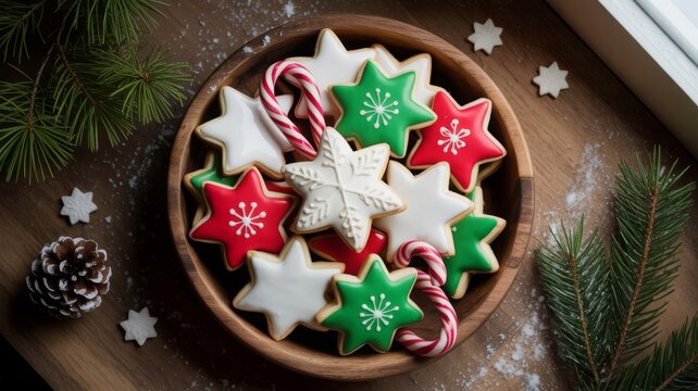 Editorial Christmas dessert flatlay featuring a wooden bowl of red and green cookies, surrounded by holly leaves, white snowflakes, and warm seasonal textures.
