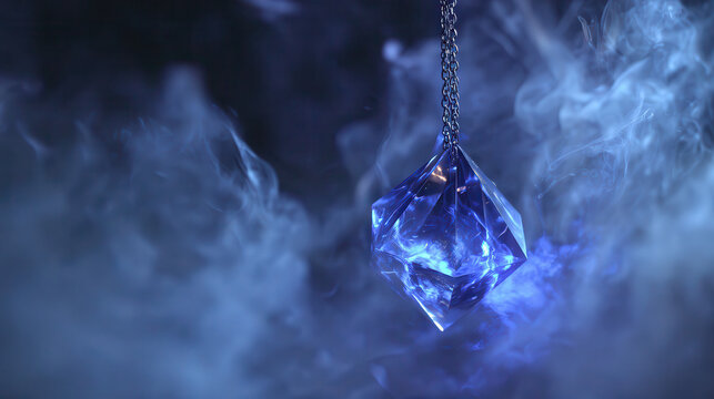 Mysterious glowing blue crystal pendant hanging in smoky atmosphere