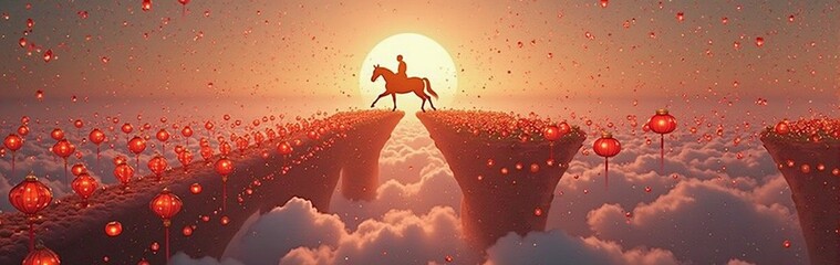 Fototapeta premium Silhouetted rider on horseback crossing cloud bridge at sunset with lanterns
