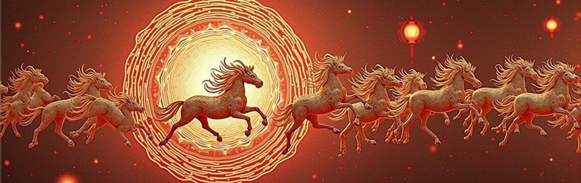 Majestic horse stampede against fiery abstract background