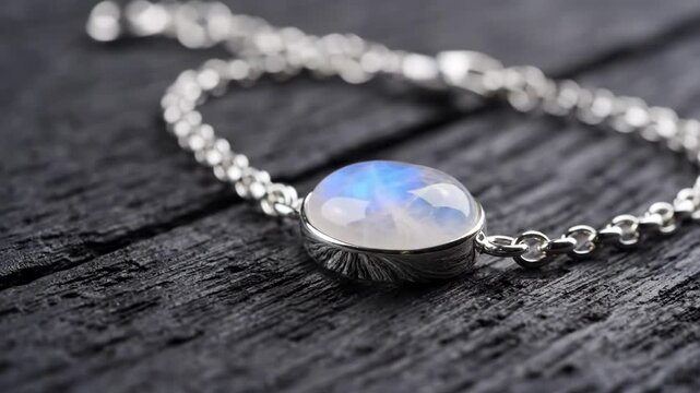 Closeup of a delicate silver bracelet featuring a cabochon moonstone gemstone resting on a dark, textured wooden surface