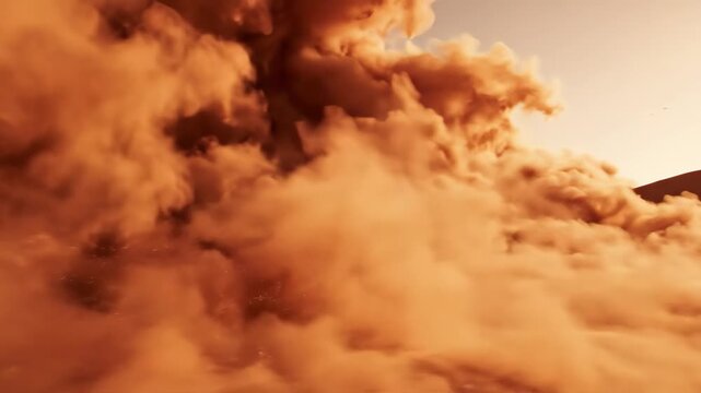 Feel the raw power of nature as a massive desert sandstorm sweeps across arid landscape with sand dunes in a visually compelling and dramatic scene