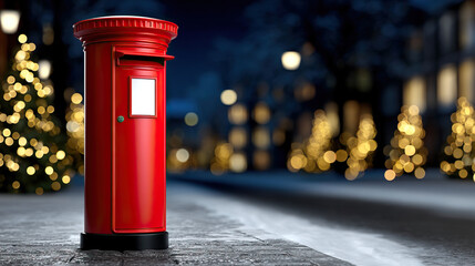 Red postbox on snowy street with festive bokeh lights and decorated trees at night offering nostalgic holiday atmosphere