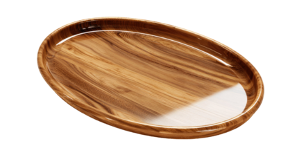 Glossy wooden oval serving tray with smooth polished surface and rich natural grain details clearly visible isolated on white background