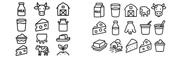Various dairy products, farm animals, and agricultural symbols in outline style