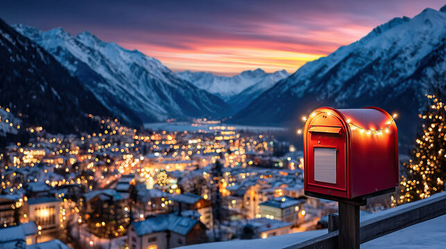 Red mailbox lit by string lights at snowy mountain village sunset with warm bokeh lights and festive atmosphere