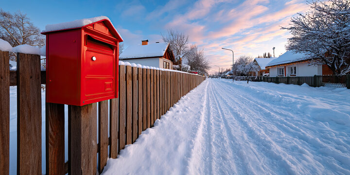 Classic red mailbox wooden fence snow covered village road at sunrise with pastel sky and warm light evoking cozy winter mood - Powered by Adobe