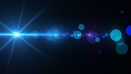 Bright blue lens flare effect with bokeh lights on black background