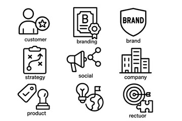 Collection of business marketing and branding strategy symbols for corporate planning