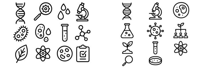 Outline symbols for scientific research, genetics, chemistry, and laboratory equipment