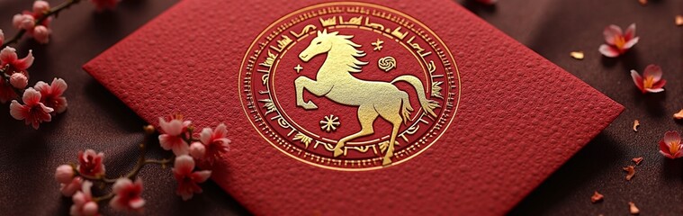 Red envelope with golden horse design and cherry blossoms for chinese new year celebration